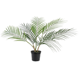 De Kunstpalm Chamaedorea 48 cm heeft lange, slanke groene bladeren die zich naar buiten spreiden en wordt geleverd in een eenvoudige zwarte plastic pot tegen een effen witte achtergrond.
